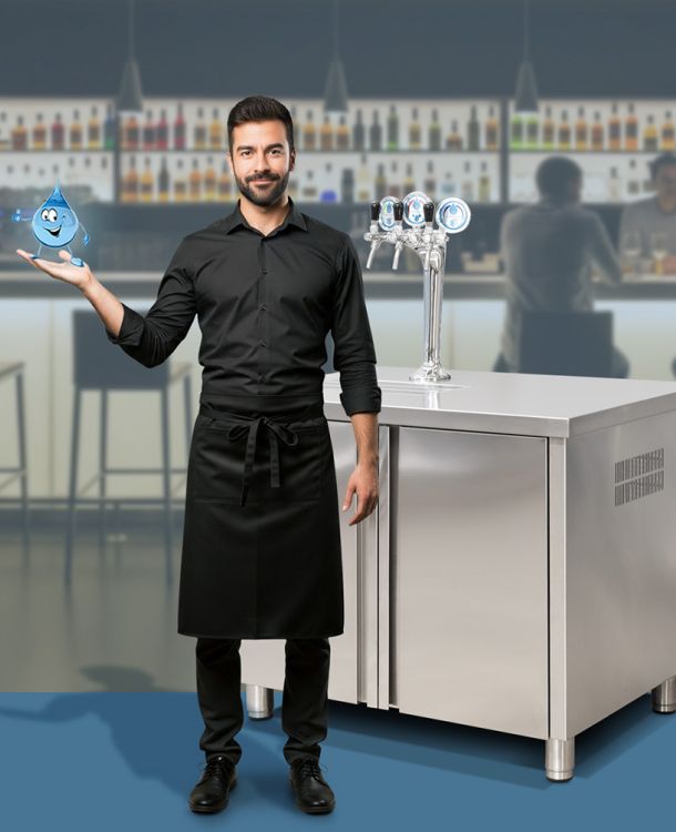 Erogatore Acquaviva a rete idrica con spiller a tre vie per il settore Ho.Re.Ca