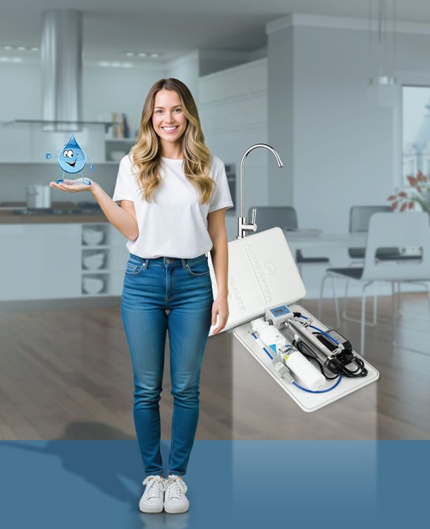 Sistema Home Water System Acquaviva per la microfiltrazione dell&rsquo;acqua domestica con ragazza in cucina e dispositivo sottolavello plastic free